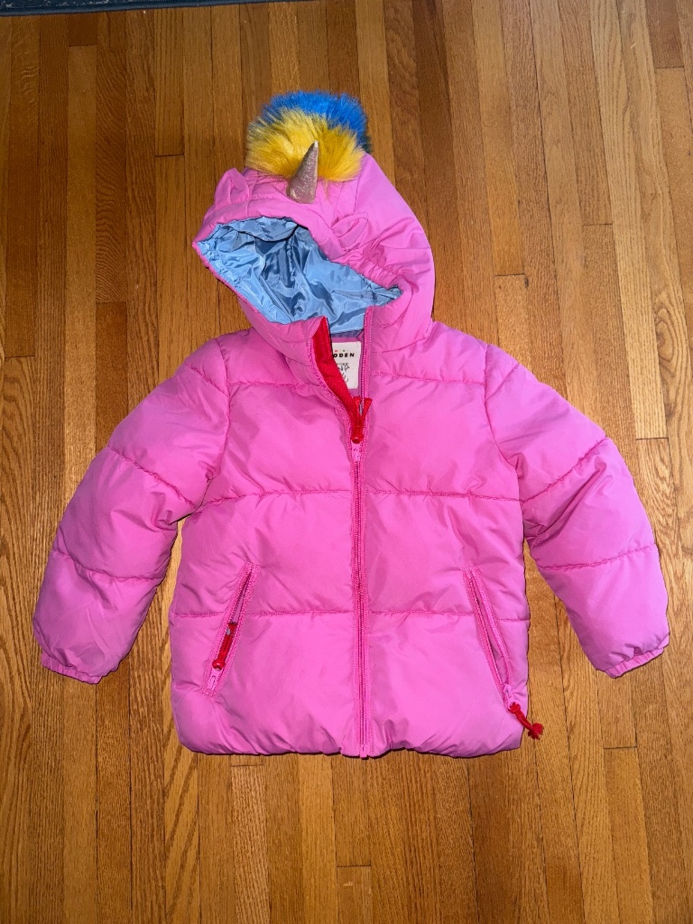 Mini Boden- Fun Padded Lightweight Hooded Unicorn Coat Pink- Size 6-7 Youth